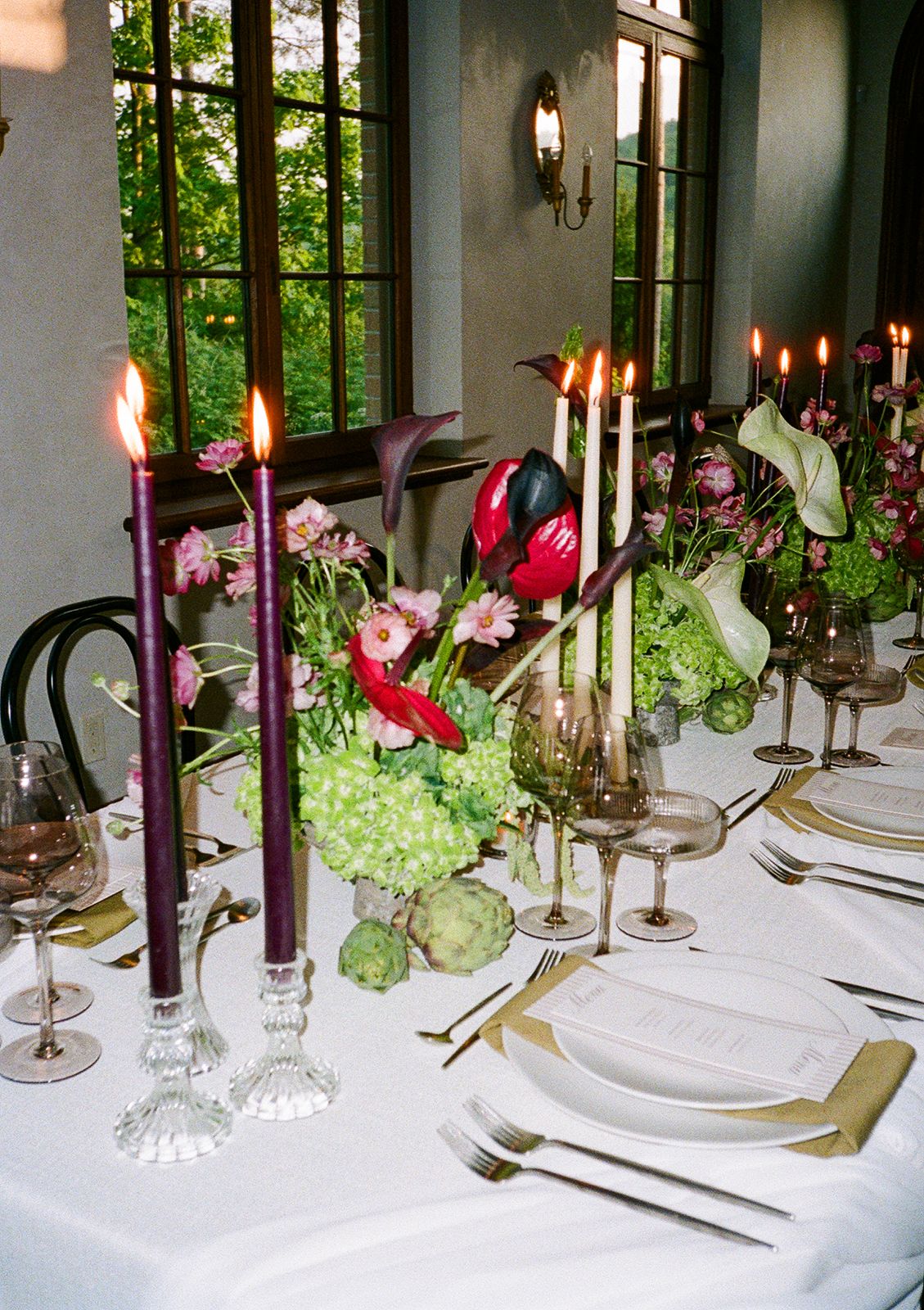 Floral details displayed at wedding reception table