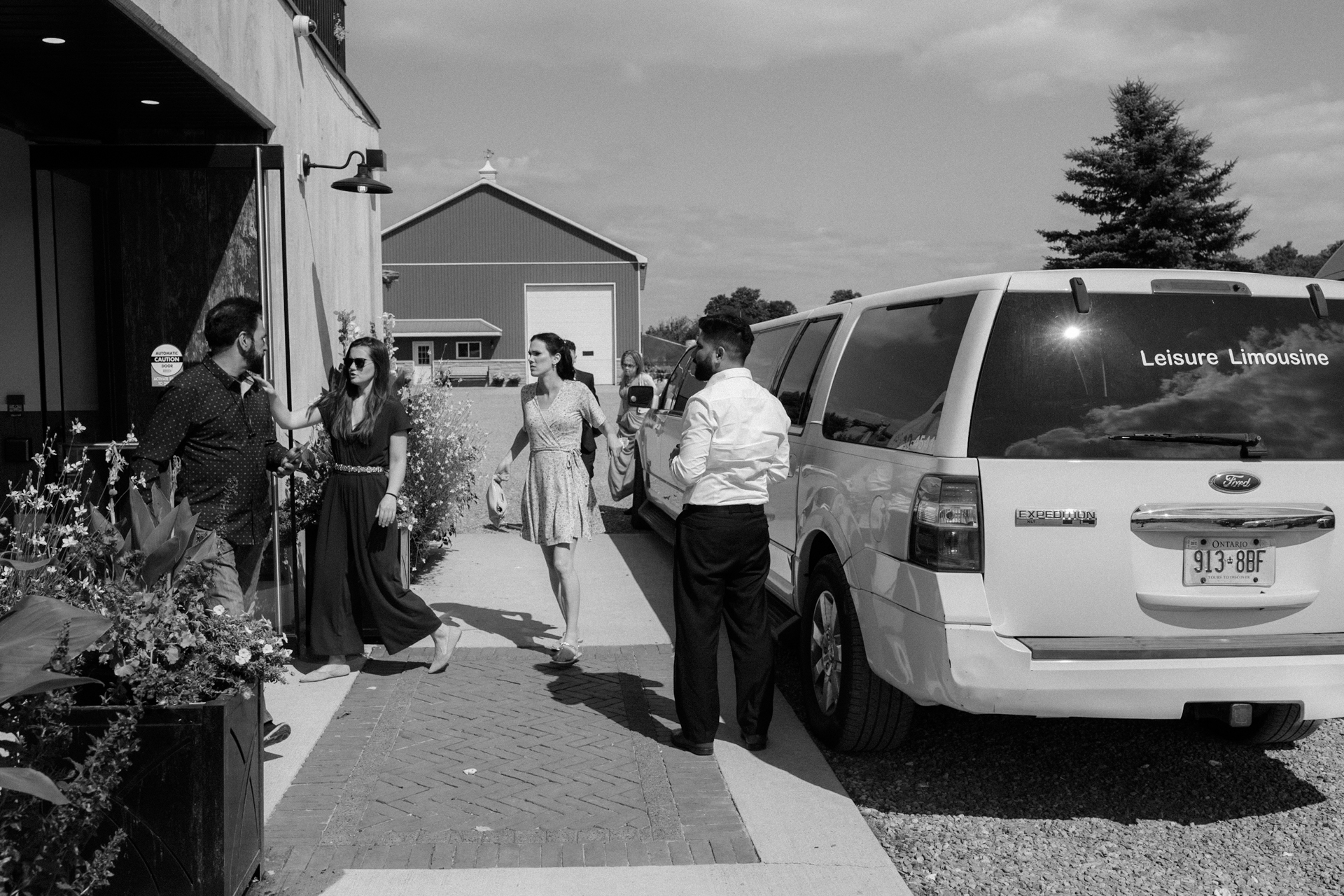 Bride arrived in a limousine at Cambium Farms with her Toronto wedding photographer.
