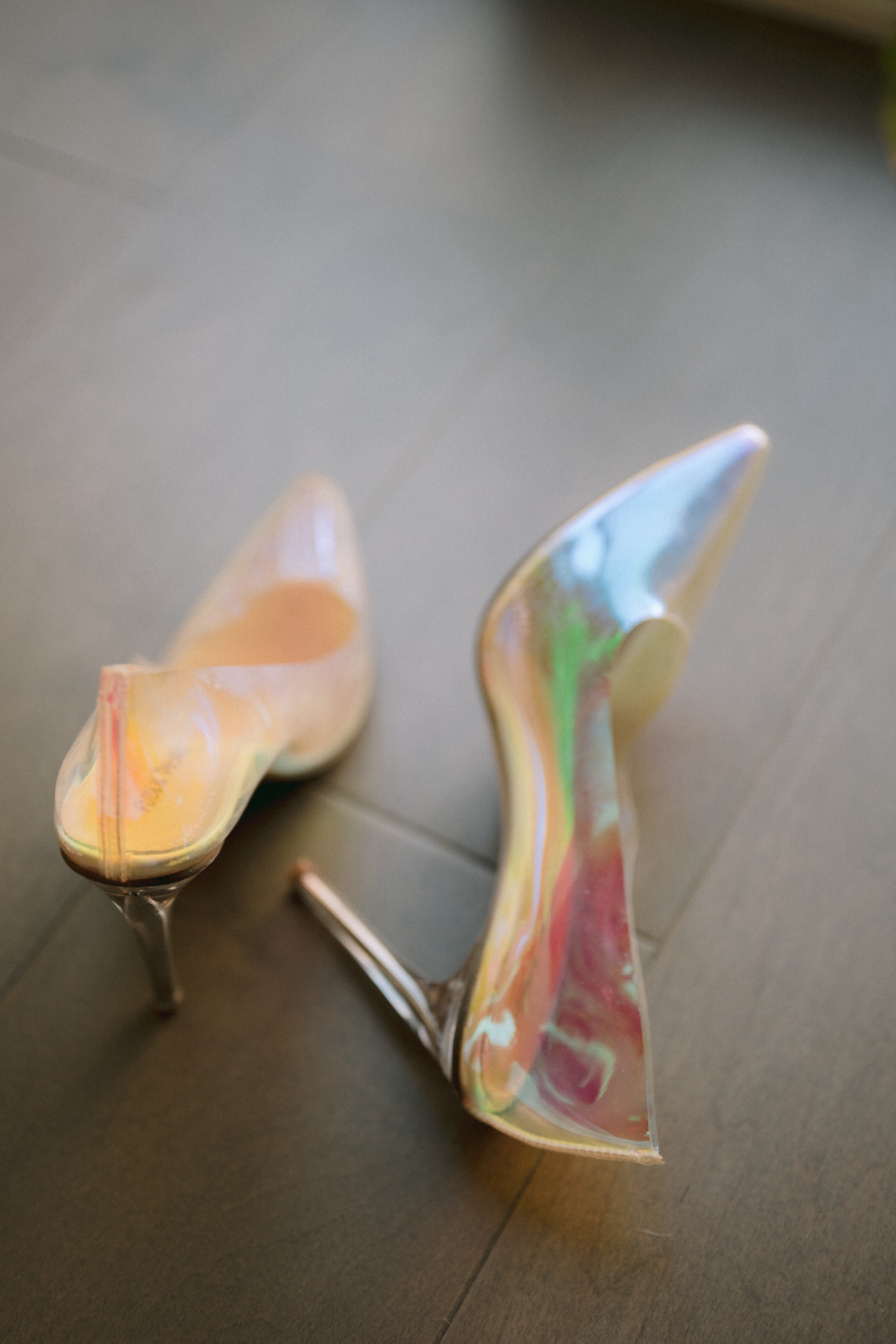 A detailed shot of a colourful wedding shoe.