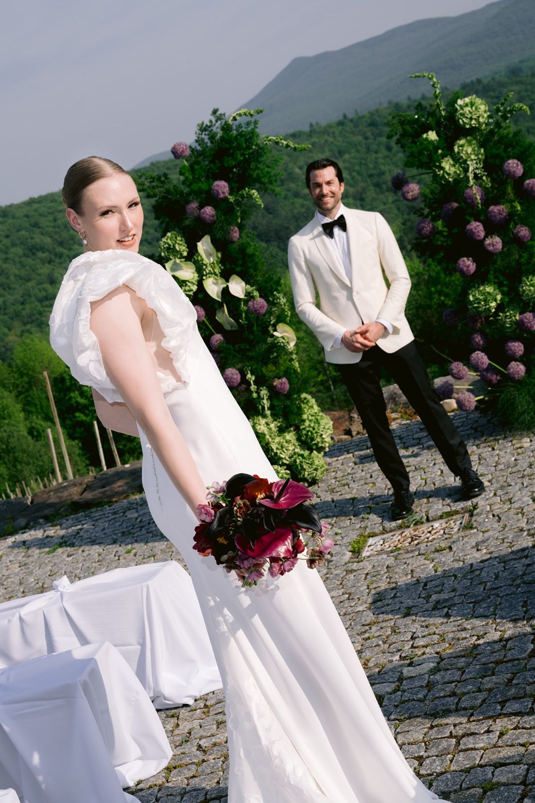 Bride walked down the aisle during outdoor wedding ceremony
