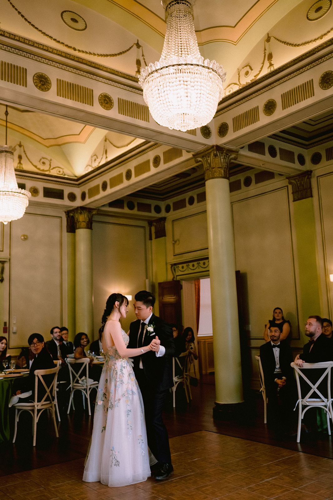 Romantic first dance at University Club of Toronto in a pink floral dress.